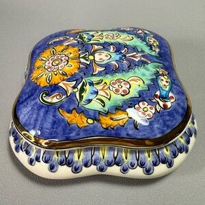 Persian Artist-Signed Square Floral Ceramic Decorative Box